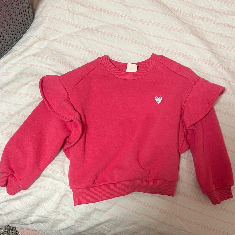 Toddler Girls Ruffle Shoulder Sweatshirt with Heart Accent - Hot Pink